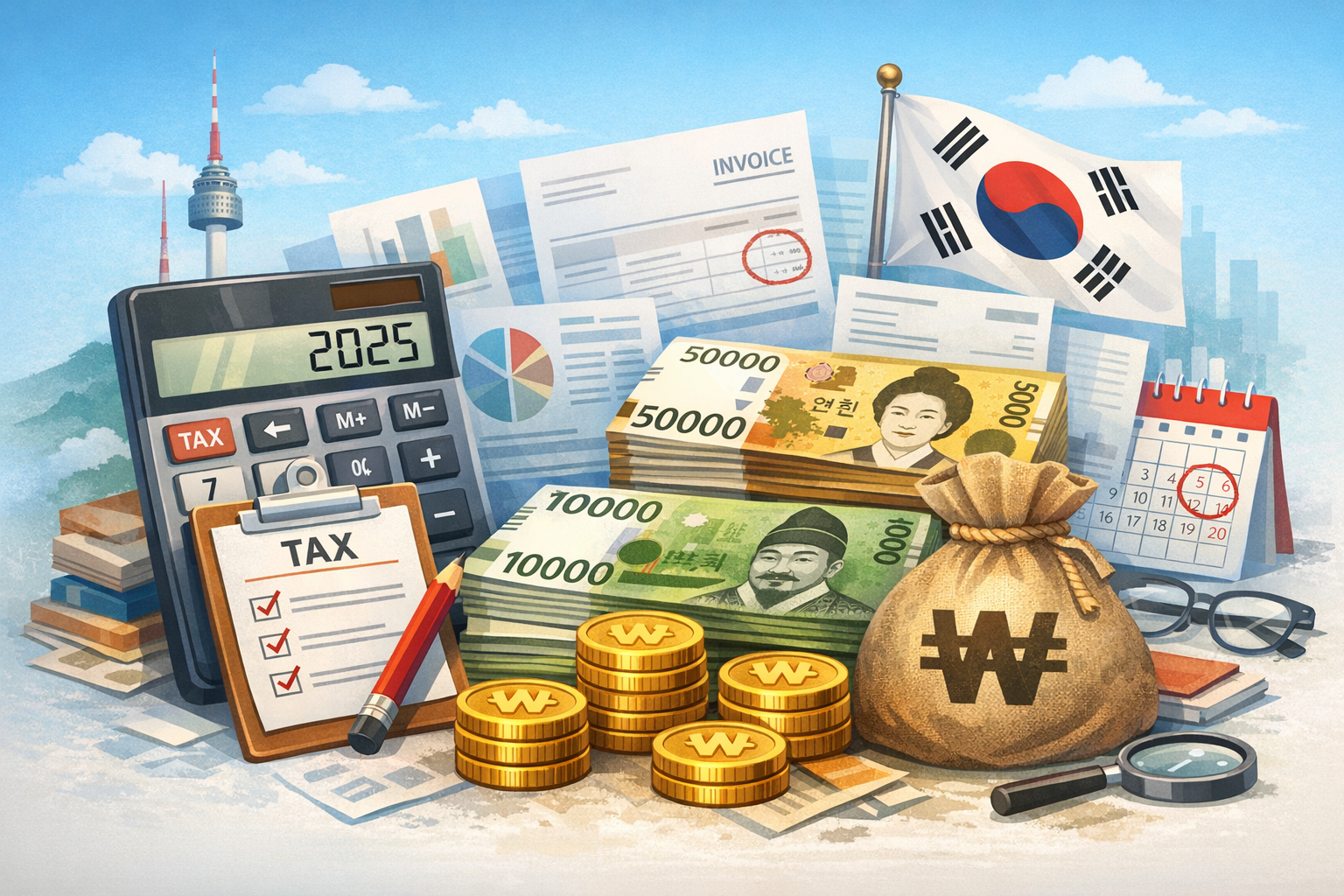 연말정산 계산과 한국 원화 이미지
